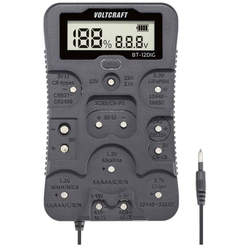 foto del prodotto voltcraft tester batterie bt 12dig campo di misura tester batterie 1,2 v, 1,5 v, 3 v, 3,7 v, 6 v, 9 v, 12 v pila, bat