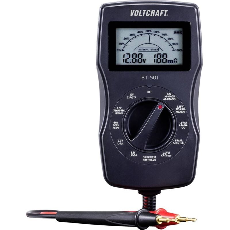 foto del prodotto voltcraft tester batterie bt 501 campo di misura tester batterie 1,2 v, 1,5 v, 3 v, 6 v, 3,7 v, 9 v, 12 v pila, batte