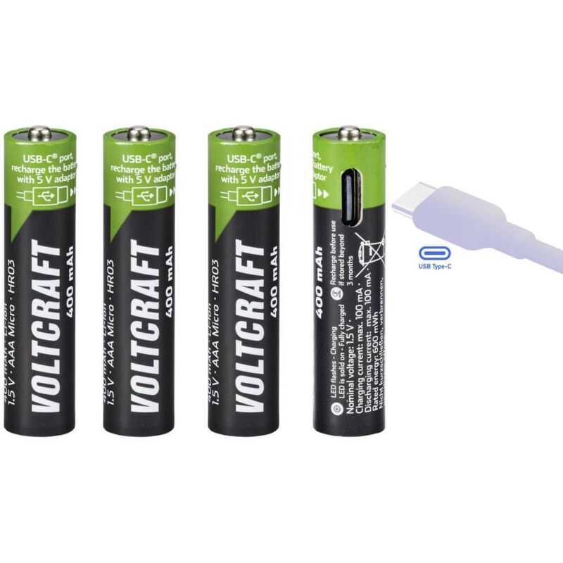 foto del prodotto voltcraft vc aaa400usb batteria ricaricabile usb c li ion 400 mah 1.5 v 4 pz.