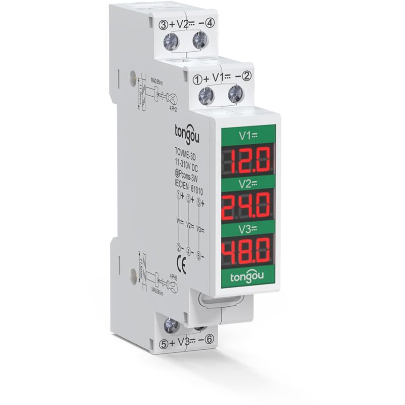 foto del prodotto voltmetro digitale su guida din dc 11 310v, misuratore di tensione con 3 display digitali, misuratore di tensione dc, misuratore di tensione din per