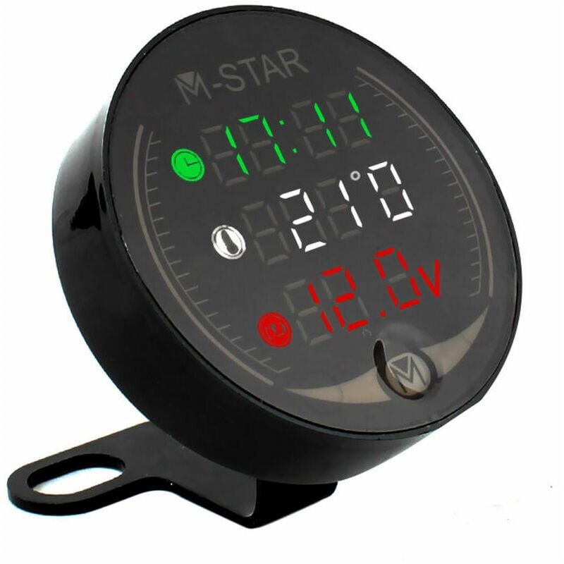 foto del prodotto voltmetro per moto atv 4 in 1 orologio elettronico termometro cronometro digitale led tester di tensione e temperatura, nero