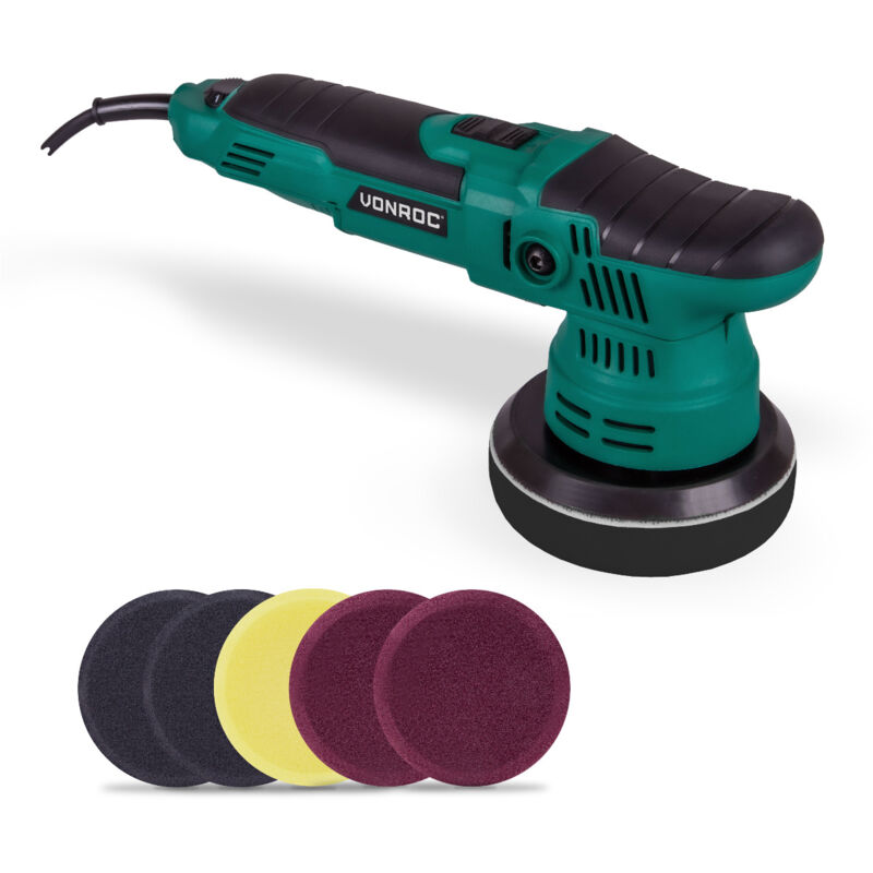 foto del prodotto vonroc lucidatrice a doppia azione 650w 125mm. soft start e controllo costante della potenza. include 7 tamponi per lucidatura, chiave a brugola e