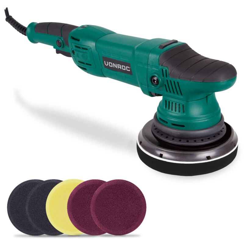 foto del prodotto vonroc lucidatrice eccentrica a doppia azione 1050w 150mm. include 7 dischi per lucidatura, disco di supporto e sacca portautensili