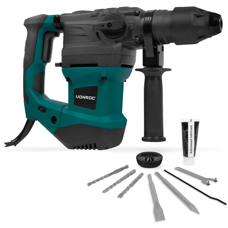 foto del prodotto vonroc martello rotante perforatore 1800w-6 joule. 4 funzioni. velocità regolabile - sds plus. incl. impugnatura,3 punte e 2 scalpelli