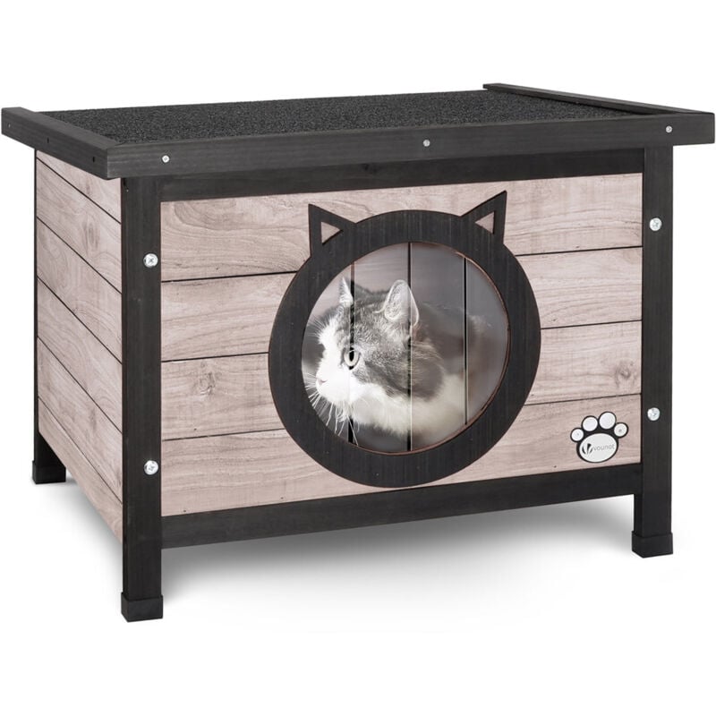 foto del prodotto vounot casetta per gatti in legno con porta design orecchie di gatto, cuccia casa per gatti grigio