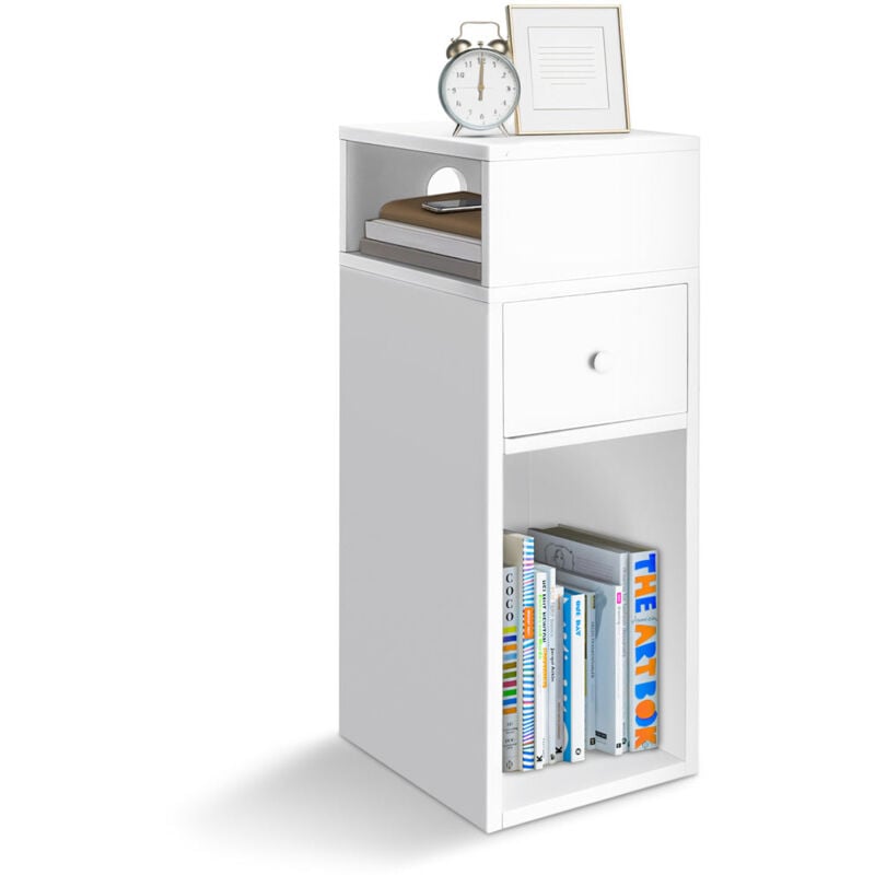 foto del prodotto vounot comodino stretto con cassetto e 2 scomparti aperti, tavolino comodino salvaspazio 25x30x66 cm, bianco