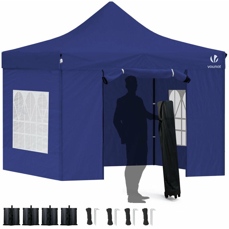 foto del prodotto vounot gazebo giardino 3x3m pieghevole con 4 parti laterali, tenda per feste pop up con 4 sacchi di sabbia e borsa di trasporto, blu