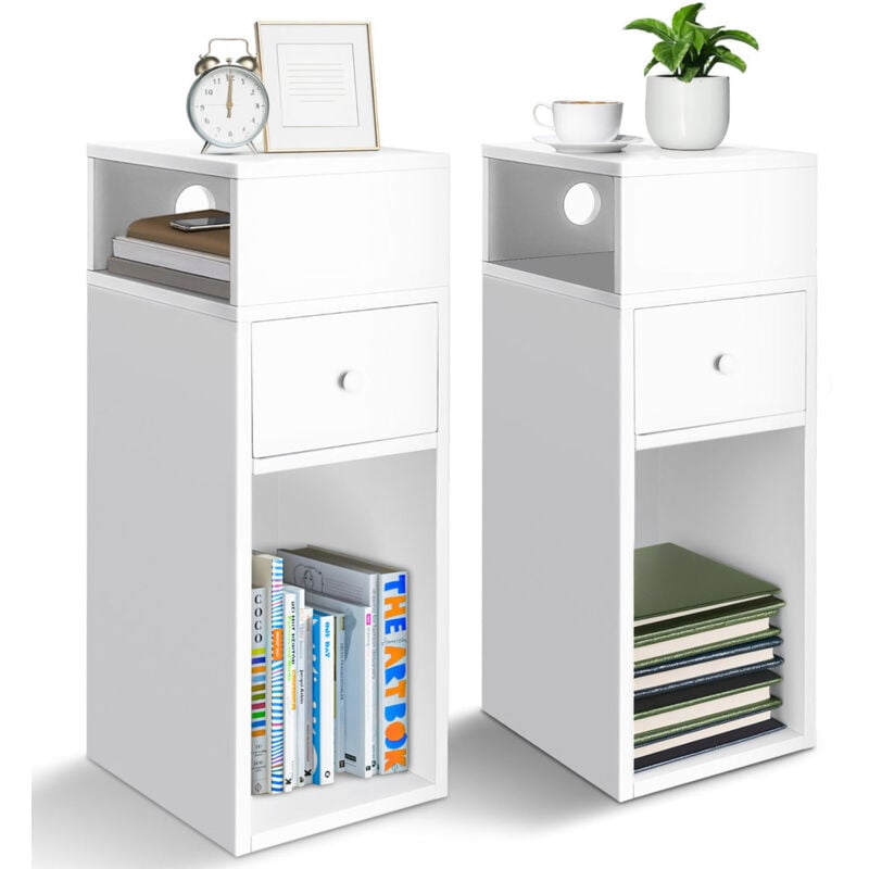 foto del prodotto vounot set di 2 comodini stretti con cassetto e 2 scomparti aperti, tavolino comodino salvaspazio 25x30x66 cm, bianco