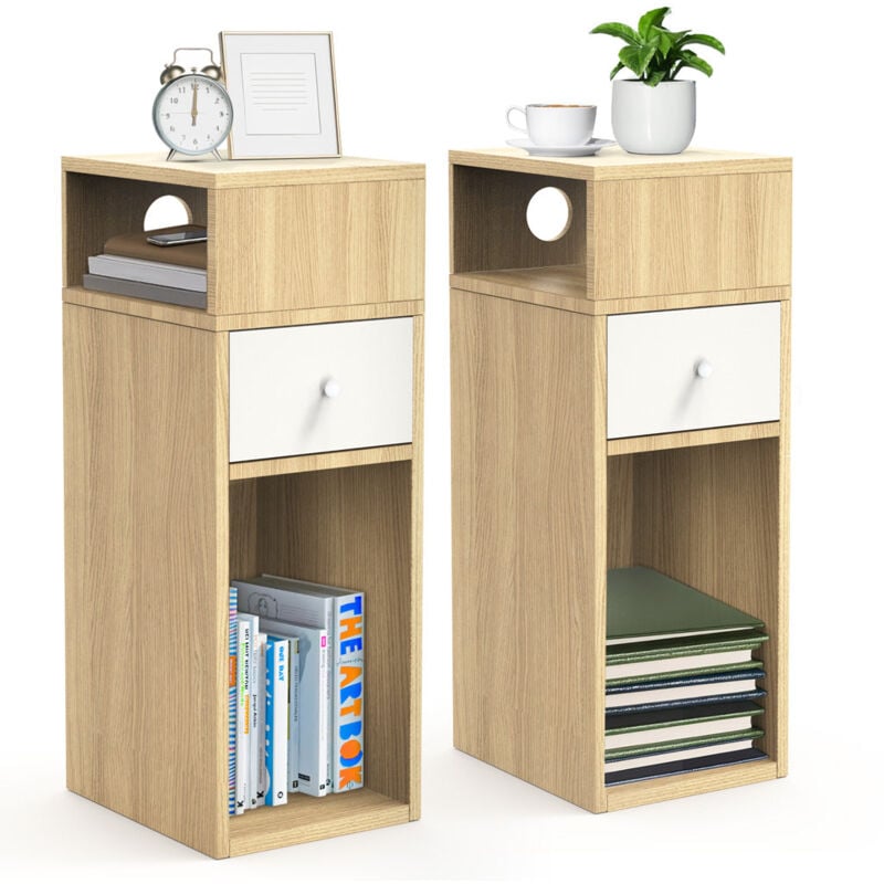 foto del prodotto vounot set di 2 comodini stretti con cassetto e 2 scomparti aperti, tavolino comodino salvaspazio 25x30x66 cm, naturale