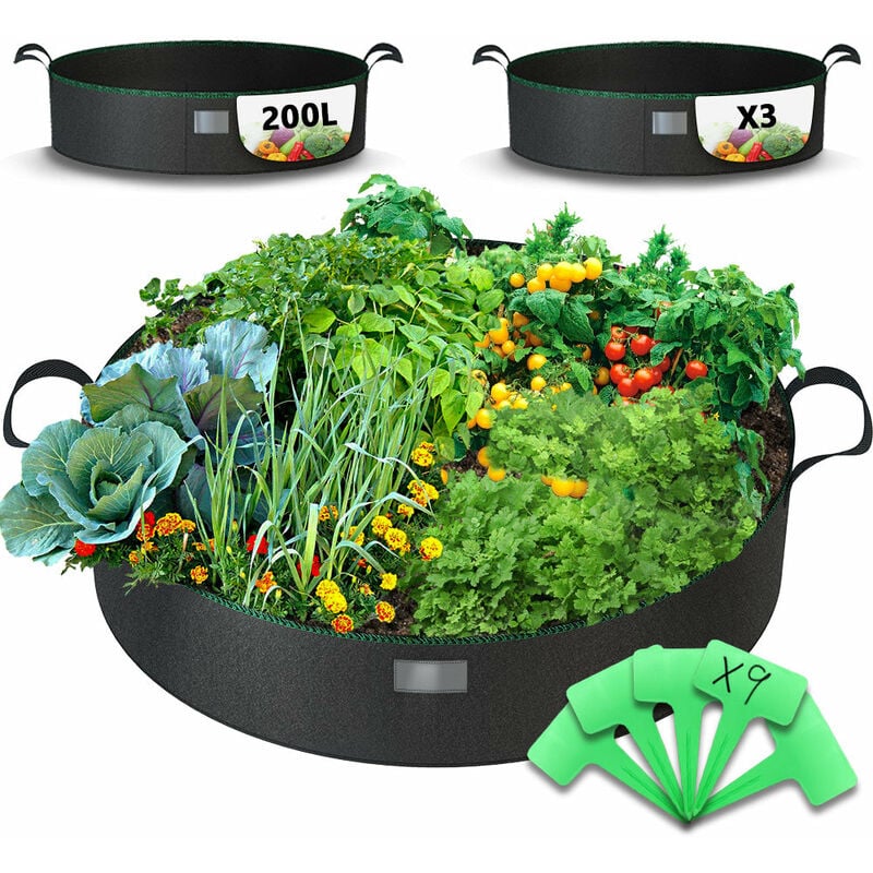 foto del prodotto vounot set di 3 sacchi per piante in tessuto non tessuto 200l, vasi di coltivazione aiuole da giardino con maniglie e etichette, nero