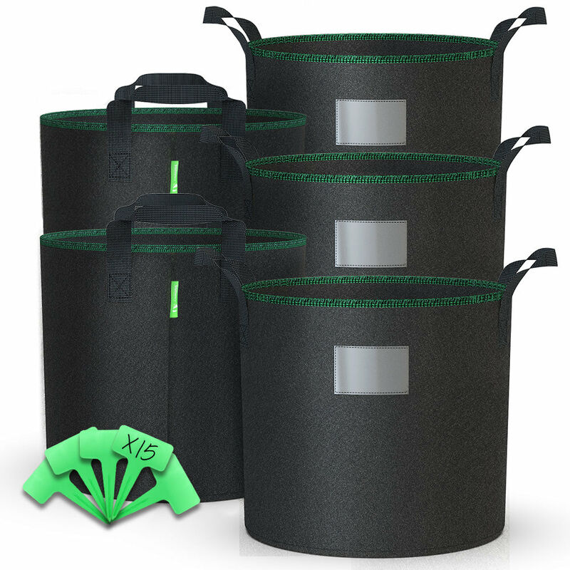 foto del prodotto vounot set di 5 sacchi per piante in tessuto non tessuto 20l, vasi di coltivazione con maniglie e etichette, nero