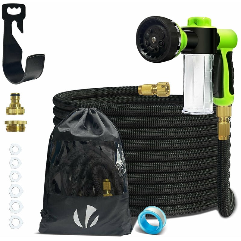 foto del prodotto vounot tubo irrigazione estensibile 15m, tubo flessibile da giardino, pistola a spruzzo d acqua 8 funzioni con dispenser sapone e accessori, nero