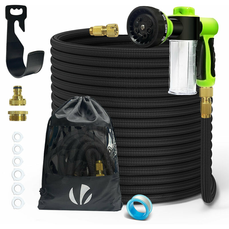 foto del prodotto vounot tubo irrigazione estensibile 30m, tubo flessibile da giardino, pistola a spruzzo d acqua 8 funzioni con dispenser sapone e accessori, nero
