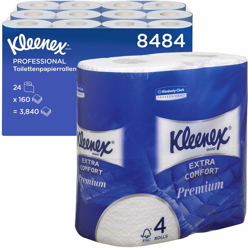 foto del prodotto vow kleenex extra confort carta igienica 8484, 4 veli, morbidezza ottima, con certificazione fsc, 24 rotoli piccoli da 160 fogli, premium, bianco