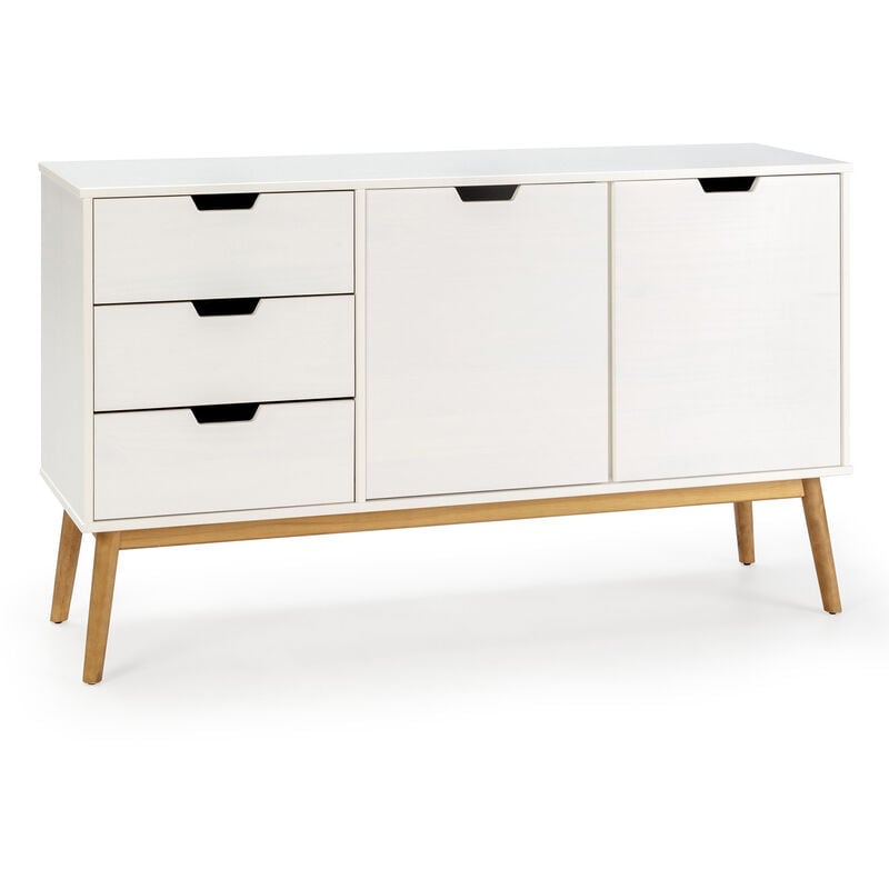 foto del prodotto vs venta stock credenza baku 3 cassetti e 2 porte bianco, pino massiccio, 140 cm larghezza