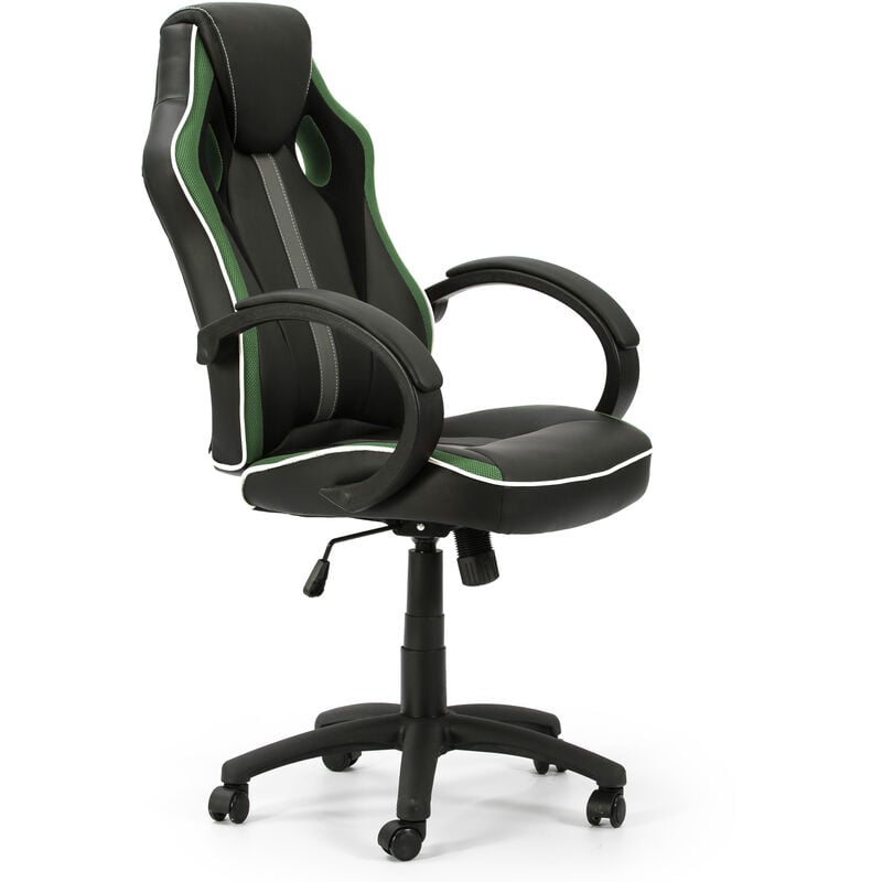 foto del prodotto vs venta stock sedia da ufficio formula sollevabile e reclinabile rivestita in ecopelle e tessuto rete, colore nero e verde braccioli imbottiti