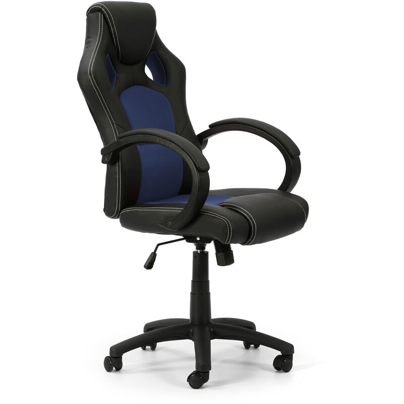 foto del prodotto vs venta stock sedia da ufficio hamilton sollevabile e reclinabile rivestita in ecopelle e tessuto rete, colore nero e blu, braccioli imbottiti