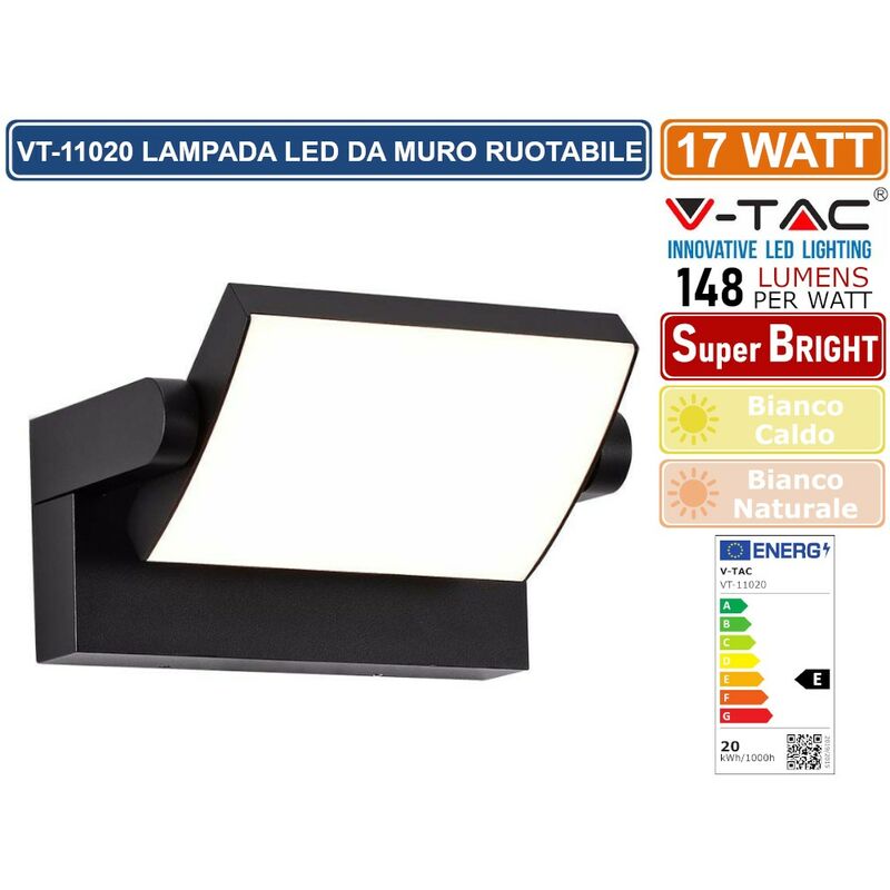 foto del prodotto vt 11020 lampada led da muro ruotabile 17w smd ip65 applique colore nero sku 2936 2937 colore luce bianco naturale v tac