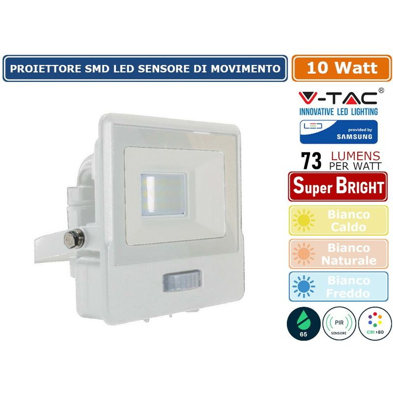 foto del prodotto vt 118s faro led floodlight 10w smd ip65 chip samsung sensore di movimento e crepuscolare bianco sku 20268 20269 20270 colore luce bianco