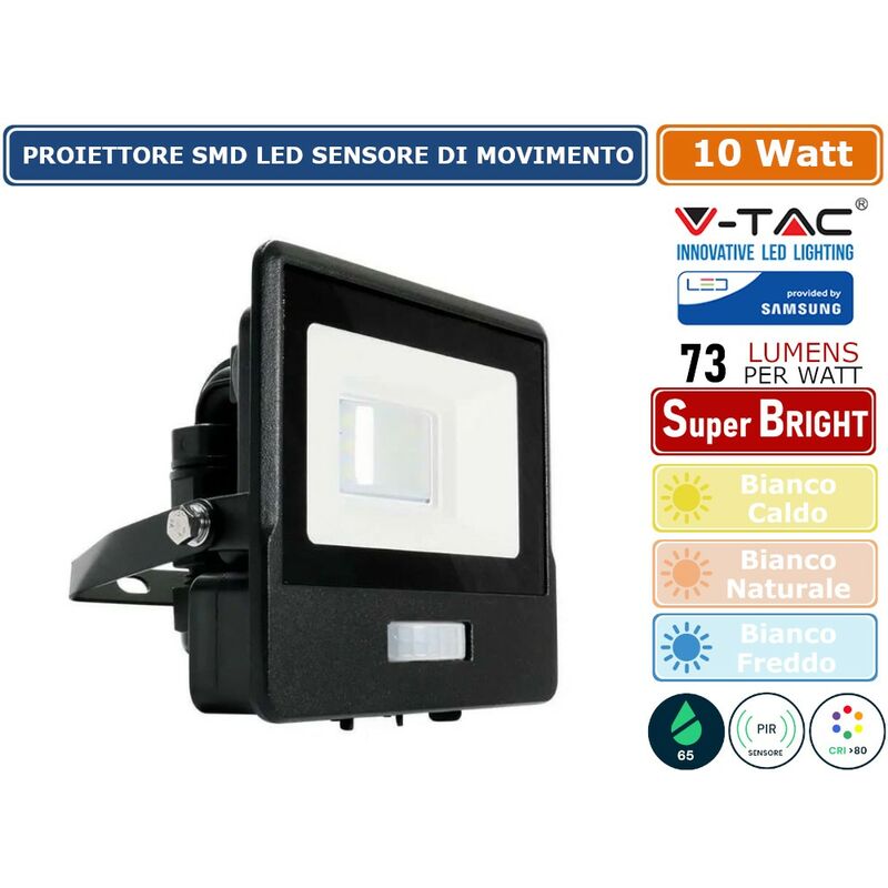 foto del prodotto vt 118s faro led floodlight 10w smd ip65 chip samsung sensore di movimento e crepuscolare nero sku 20256 20257 20258 colore luce bianco