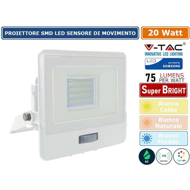 foto del prodotto vt 128s faro led floodlight 20w smd ip65 chip samsung sensore movimento e crepuscolare bianco sku 20271 20272 20273 colore luce bianco