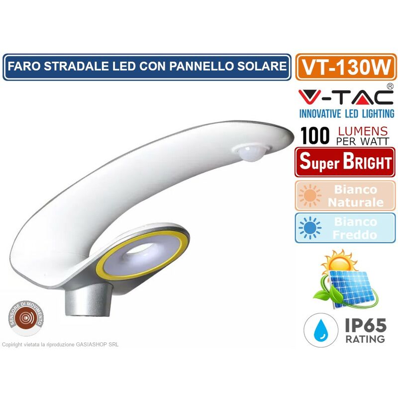 foto del prodotto vt 130w faro stradale led con pannello solare 20w lampione smd sku 5505 5506 colore luce bianco freddo v tac