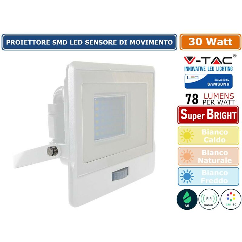 foto del prodotto vt 138s faro led floodlight 30w smd ip65 chip samsung sensore movimento e crepuscolare bianco sku 20274 20275 20276 colore luce bianco