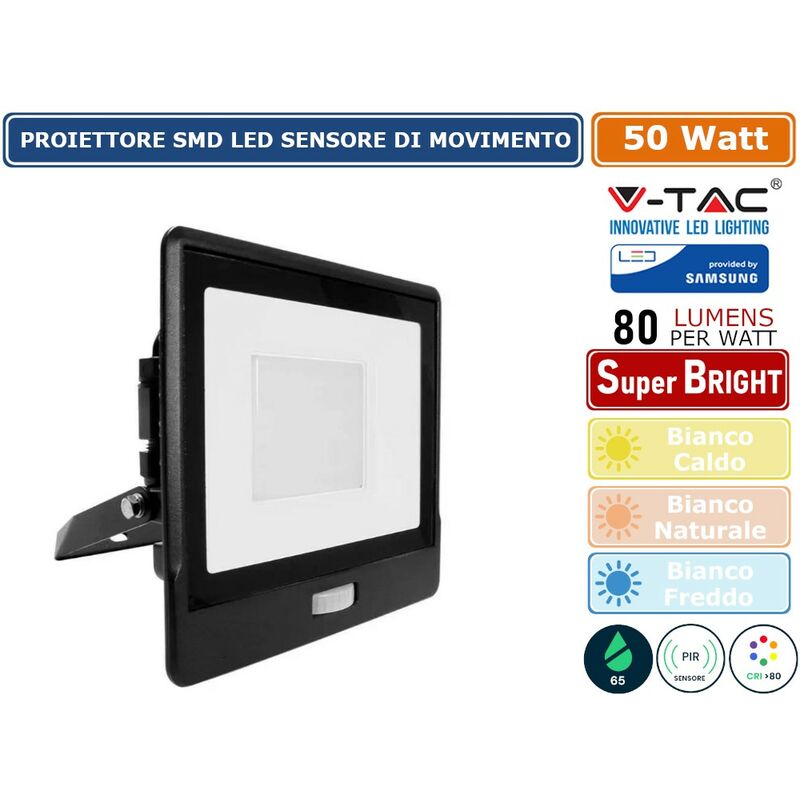 foto del prodotto vt 158s faro led floodlight 50w smd ip65 chip samsung sensore movimento e crepuscolare nero sku 20265 20266 20267 colore luce bianco