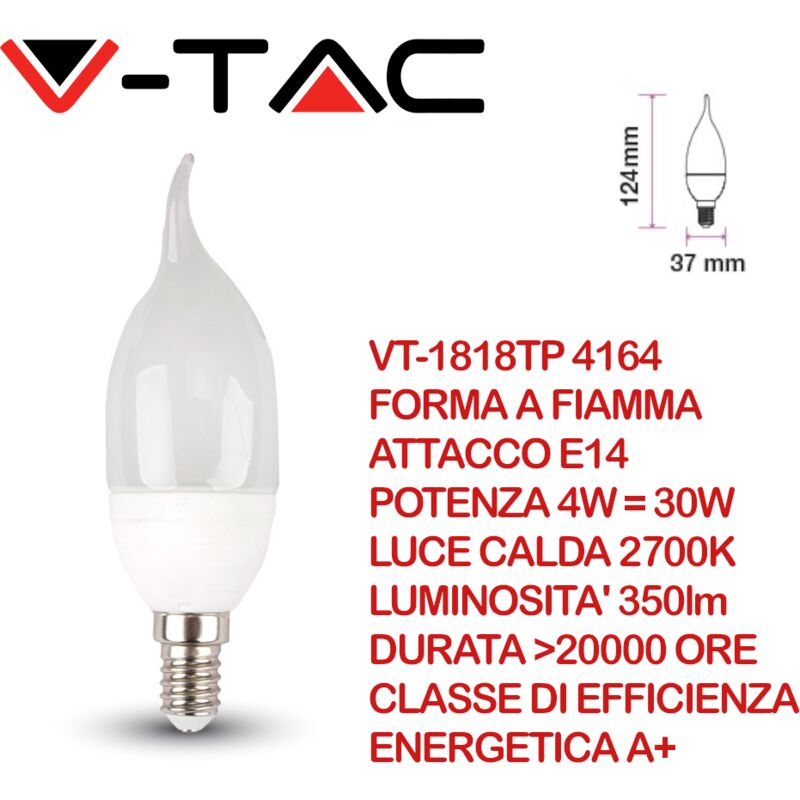 foto del prodotto vt 1818tp lampadina led e14 4w candela a fiamma bianco caldo 2700k v tac