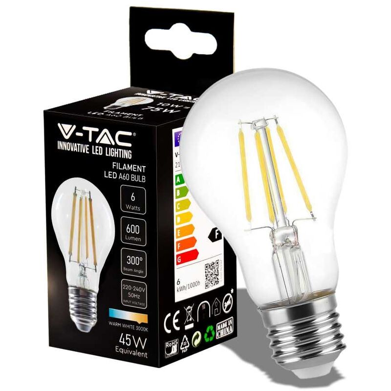 foto del prodotto vt 1887 lampadina a led lampada 6w filamento e27 a60 4500k 300 600lm 214303 v tac