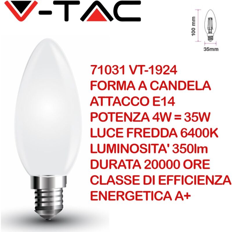 foto del prodotto vt 1924 71031 lampadina led e14 4w candela a filamento incrociato 6400k v tac