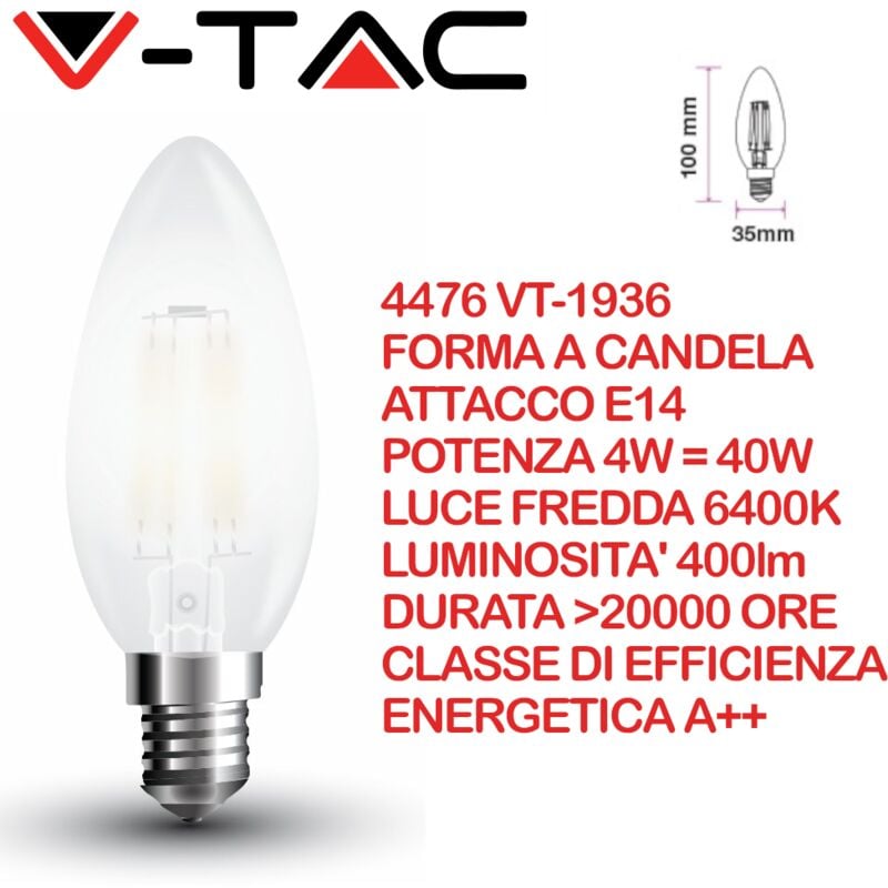 foto del prodotto vt 1936 4476 lampadina led e14 4w candela filamento satinato 6400k v tac