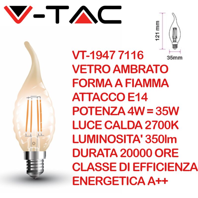 foto del prodotto vt 1947 7116 lampadina led e14 4w candela a fiamma a tortiglione a filamento in vetro ambrato 2700k v tac