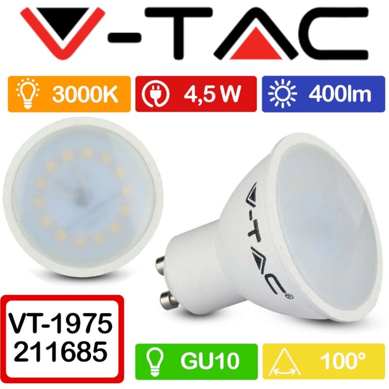 foto del prodotto vt-1975 faretto led gu10 4,5w 100 copertura satinata bianco caldo - 3000k - v-tac