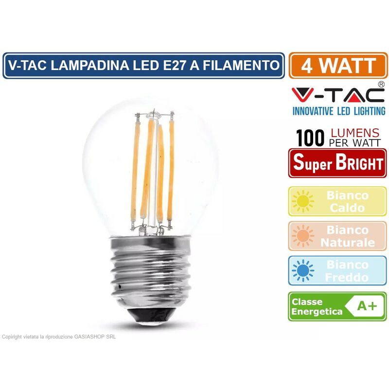 foto del prodotto vt 1980 lampadina led e27 4w miniglobo g45 filamento sku 214306 4427 4428 colore luce bianco naturale v tac