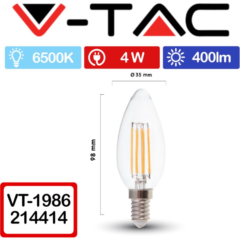 foto del prodotto vt 1986 lampadina led e14 4w candela filamento bianco freddo 6500k v tac
