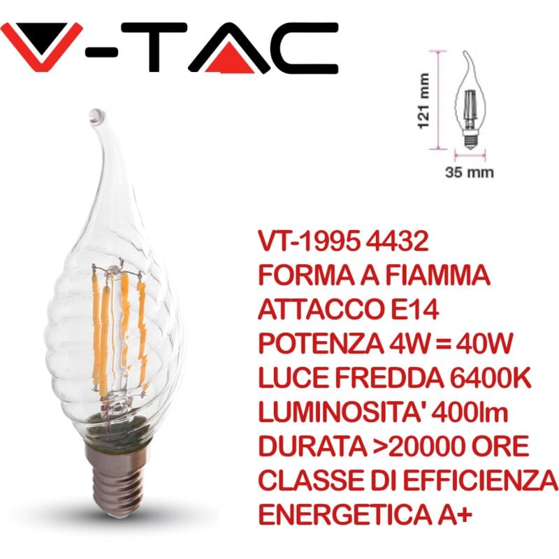 foto del prodotto vt 1995 lampadina led e14 4w candela a fiamma tortiglione a filamento bianco freddo 6400k v tac