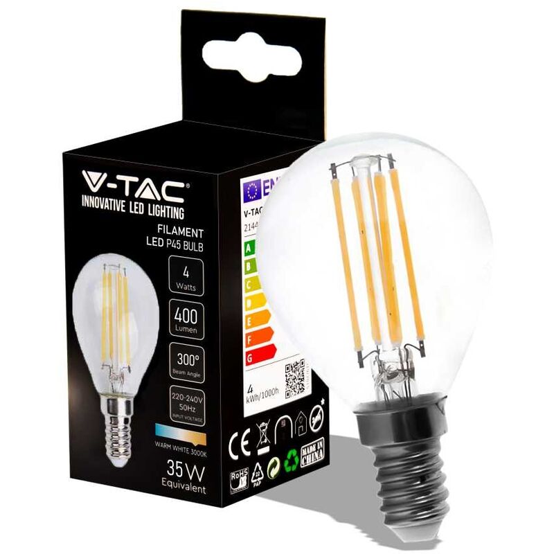 foto del prodotto vt 1996 lampadina led 4w e14 filamento mini globo goccia bianco caldo 3000k sku 214300 v tac