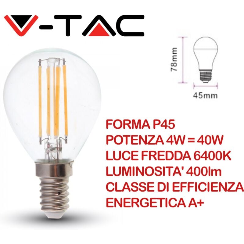 foto del prodotto vt 1996 lampadina led e14 4w p45 filamento bianco freddo 6400k v tac