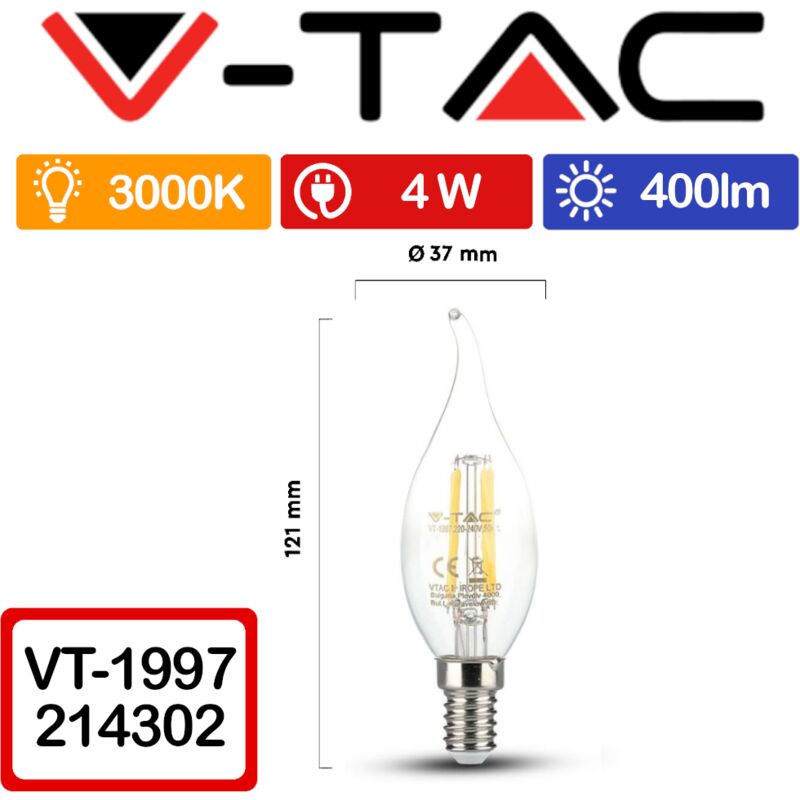 foto del prodotto vt 1997 lampadina led e14 4w candela a fiamma a filamento bianco caldo 3000k v tac