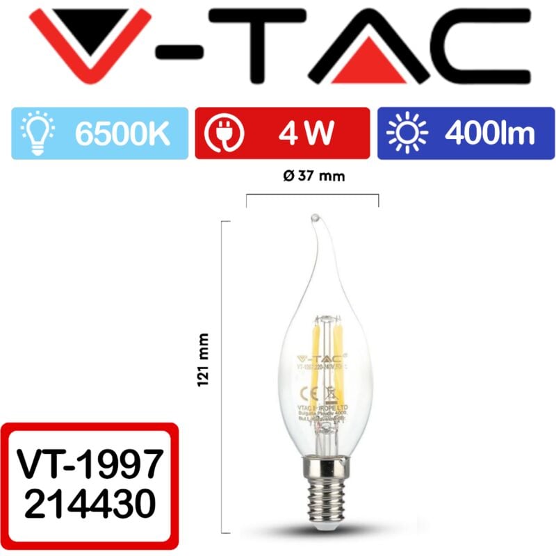foto del prodotto vt 1997 lampadina led e14 4w candela a fiamma a filamento bianco freddo 6500k v tac