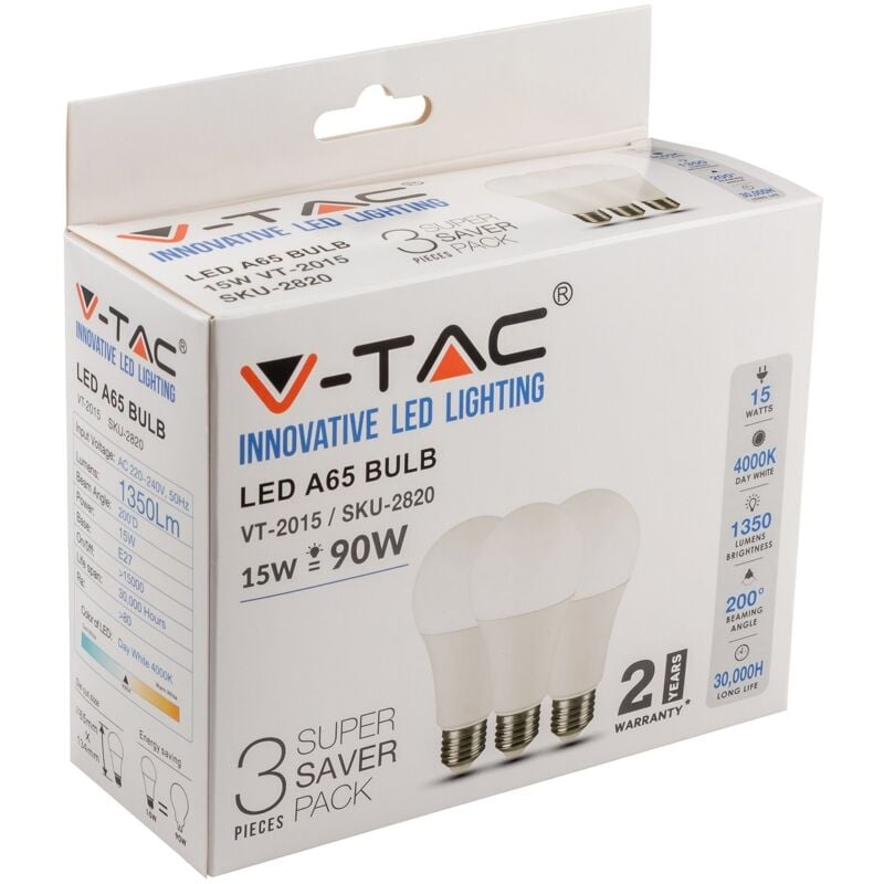 foto del prodotto vt 2015 box 3 lampadine led e27 15w a65 bianco naturale 4000k v tac