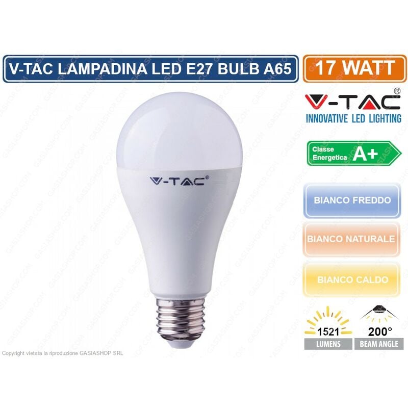 foto del prodotto vt 2017 lampadina led e27 17w bulb a65 sku 4456 4457 4458 colore luce bianco freddo v tac