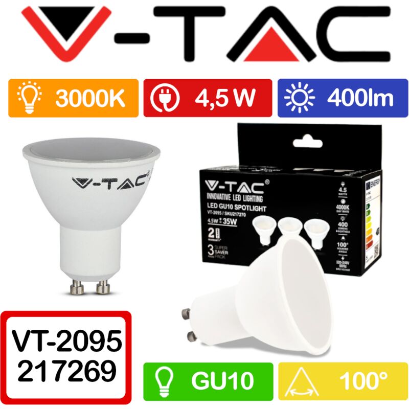 foto del prodotto vt 2095 super saver pack confezione 3 faretti led gu10 5w spotlight 110 sku 7269 7270 7271 colore luce bianco caldo v tac