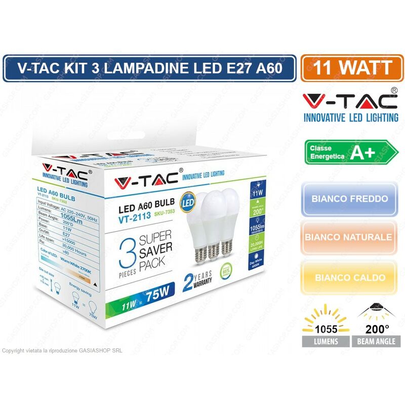 foto del prodotto vt 2113 super saver pack confezione 3 lampadine led e27 11w bulb a60 sku 7352 7353 7354 colore luce bianco caldo v tac