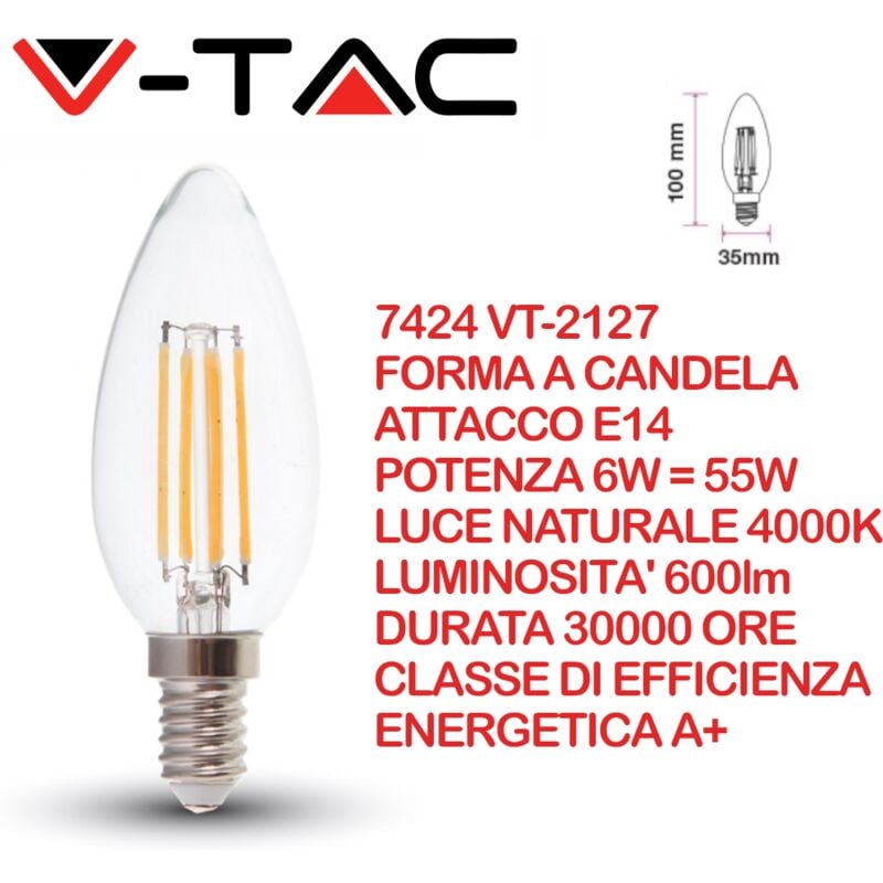 foto del prodotto vt 2127 lampadina led a filamento e14 6w a candela bianco naturale 4000k v tac