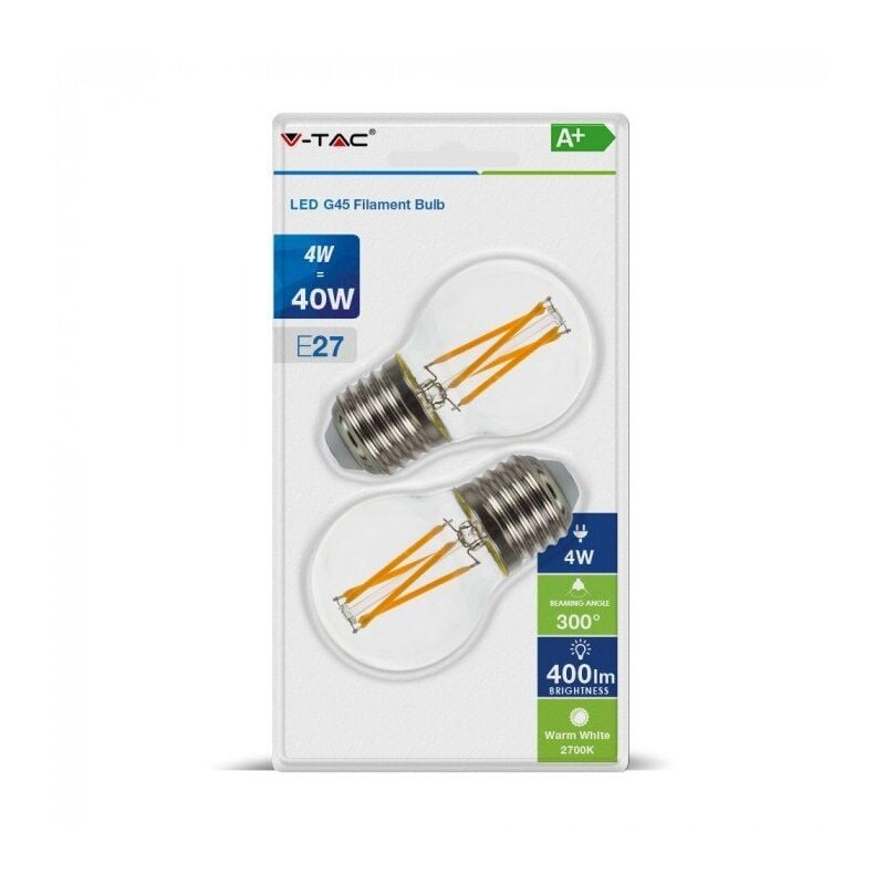 foto del prodotto vt 2194 7367 blister da 2 lampadine led 4w e27 g45 filamento 2700k v tac