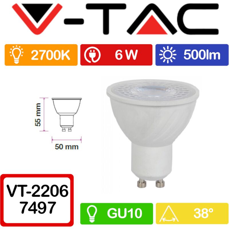 foto del prodotto vt 2206 faretto led gu10 6w 38 cri 95 bianco caldo 2700k v tac