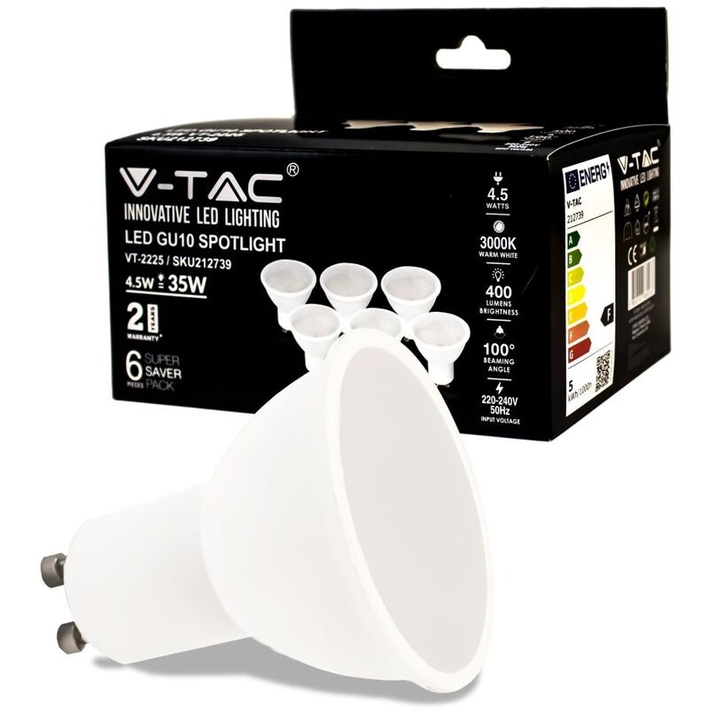 foto del prodotto vt 2225 lampadina led faretto 4.5w smd gu10 bianco freddo 6500k copertura satinata box 6 pezzi sku 212741 v tac