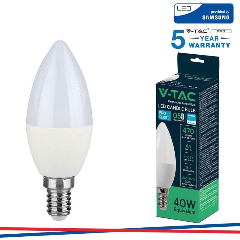 foto del prodotto vt 226 lampadina led e14 4.5w candle bulb c37 candela smd chip samsung bianco freddo